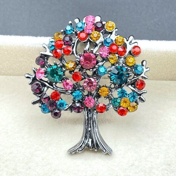 Gunmetal Gray with Multicolored Crystal Blooming Tree Pin Back Brooch - Picture 7 of 9